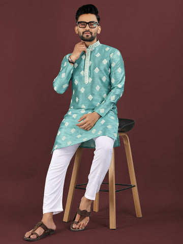 Vardhman Premium Blue-Green Sequin Embroidered Mono Silk Kurta Pyjama Set for Men's Vardhman Premium Blue-Green Sequin Embroidered Mono Silk Kurta Pyjama Set for Men's