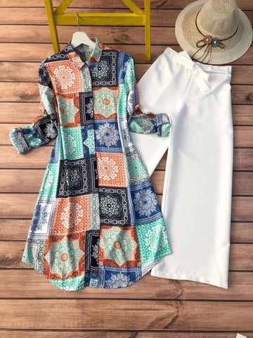 Trendy Multi-Color Geometric Print Kurti with White Plazzo Set for Women's Trendy Multi-Color Geometric Print Kurti with White Plazzo Set for Women's