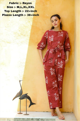 Elegant Maroon Printed Co-ord Set for Women – Top & Plazzo Elegant Maroon Printed Co-ord Set for Women – Top & Plazzo