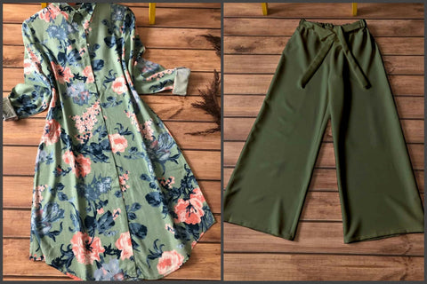 Elegant Green Floral Kurti with Matching Olive Palazzo Set Elegant Green Floral Kurti with Matching Olive Palazzo Set