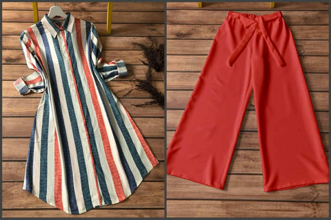 Chic Multicolor Striped Kurti with Red Palazzo Set Chic Multicolor Striped Kurti with Red Palazzo Set