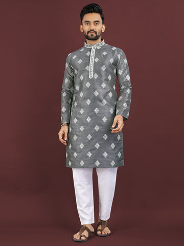 Vardhman Premium Grey Sequin Embroidered Mono Silk Kurta Pyjama Set for Men Vardhman Premium Grey Sequin Embroidered Mono Silk Kurta Pyjama Set for Men