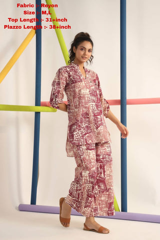 Maroon & Cream Abstract Printed Rayon Co-Ord Set for Women Maroon & Cream Abstract Printed Rayon Co-Ord Set for Women