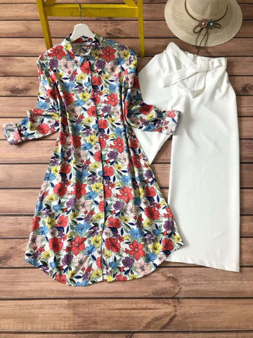 Multicolor Floral Print Kurti with White Plazzo Set for Women's Multicolor Floral Print Kurti with White Plazzo Set for Women's