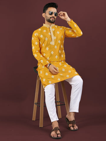 Vardhman Premium Yellow Sequin Embroidered Mono Silk Kurta Pyjama Set for Men's Vardhman Premium Yellow Sequin Embroidered Mono Silk Kurta Pyjama Set for Men's