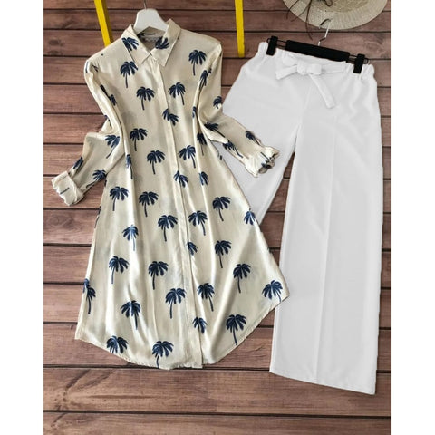 Trendy Palm Print Reyon Kurti with White Lycra Plazzo Set for Women's Trendy Palm Print Reyon Kurti with White Lycra Plazzo Set for Women's