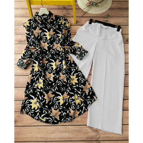 Stylish Floral Print Black Kurti with White Plazzo Set for Women's Stylish Floral Print Black Kurti with White Plazzo Set for Women's
