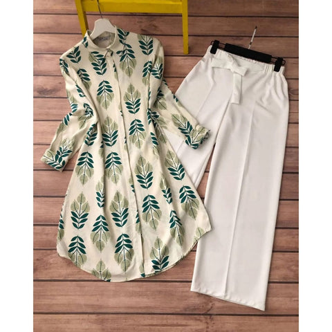 Green Leaf Print Rayon Kurti with White Lycra Palazzo Set Green Leaf Print Rayon Kurti with White Lycra Palazzo Set