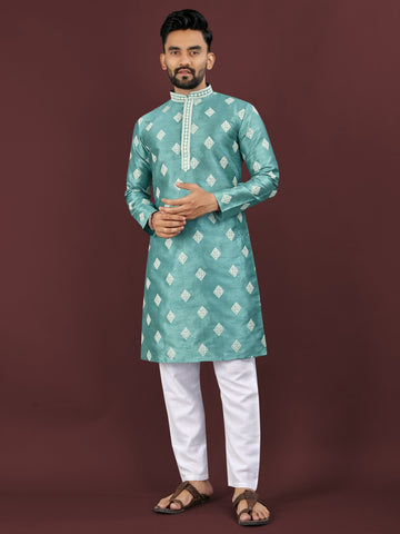 Vardhman Premium Blue-Green Sequin Embroidered Mono Silk Kurta Pyjama Set for Men's Vardhman Premium Blue-Green Sequin Embroidered Mono Silk Kurta Pyjama Set for Men's