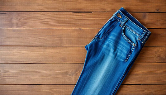 A pair of premium slim fit men's jeans on wooden surface