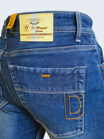 Blue Cotton Stretch Super Slim Fit Tapered Length Mid Rise Jeans For Men’s