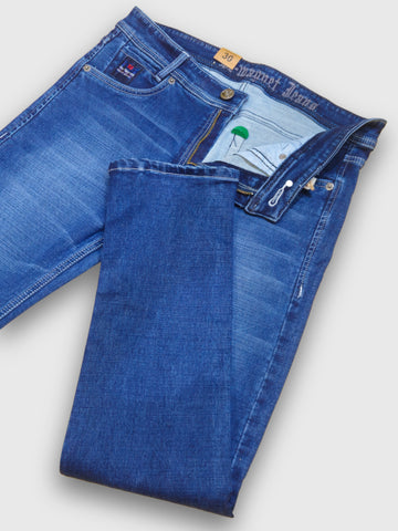 Blue Cotton Stretch Super Slim Fit Tapered Length Mid Rise Jeans For Men’s