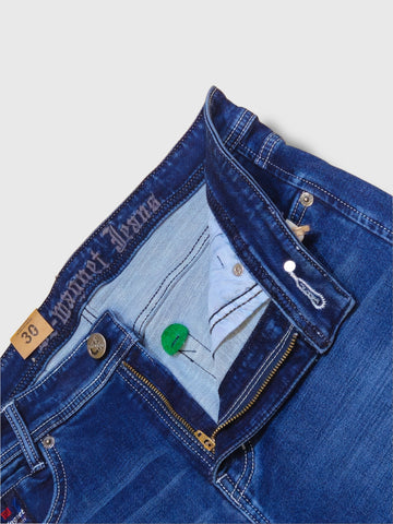 Blue Cotton Stretch Super Slim Fit Tapered Length Mid Rise Jeans For Men’s