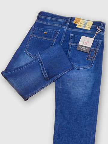 Blue Cotton Stretch Super Slim Fit Tapered Length Mid Rise Jeans For Men’s