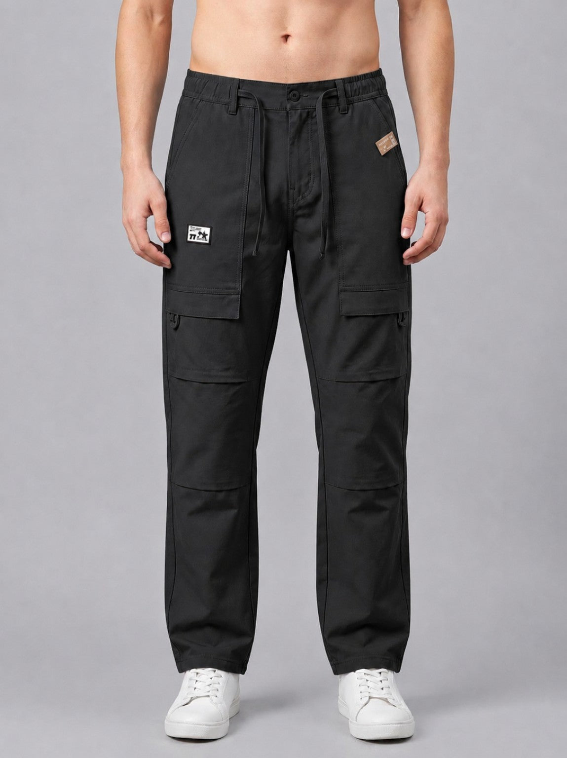 Men’s baggy fit black cargo jogger pants front view