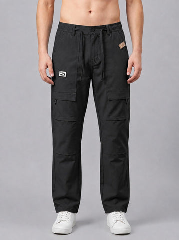 Men’s baggy fit black cargo jogger pants front view