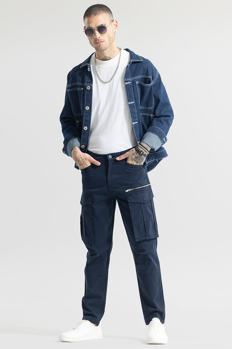 Trekyoo men's navy cargo pants styled with a white t-shirt and denim jacket