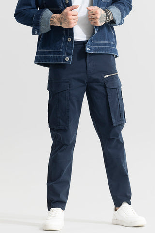 Trekyoo men's navy cargo pants with multiple pockets styled with denim jacket and white sneakers