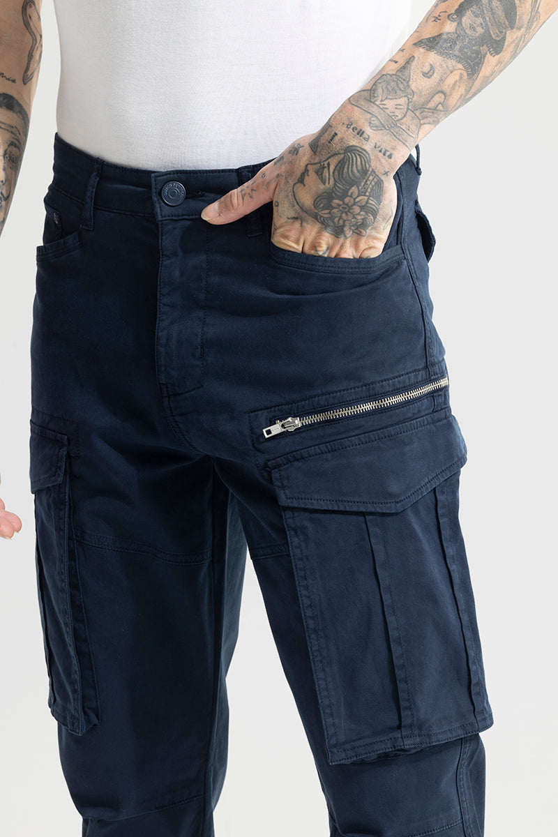 Trekyoo men's navy cargo pants with multiple pockets and zipper detail on the thigh