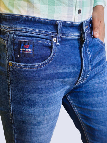 Blue Cotton Stretch Super Slim Fit Tapered Length Mid Rise Jeans For Men’s