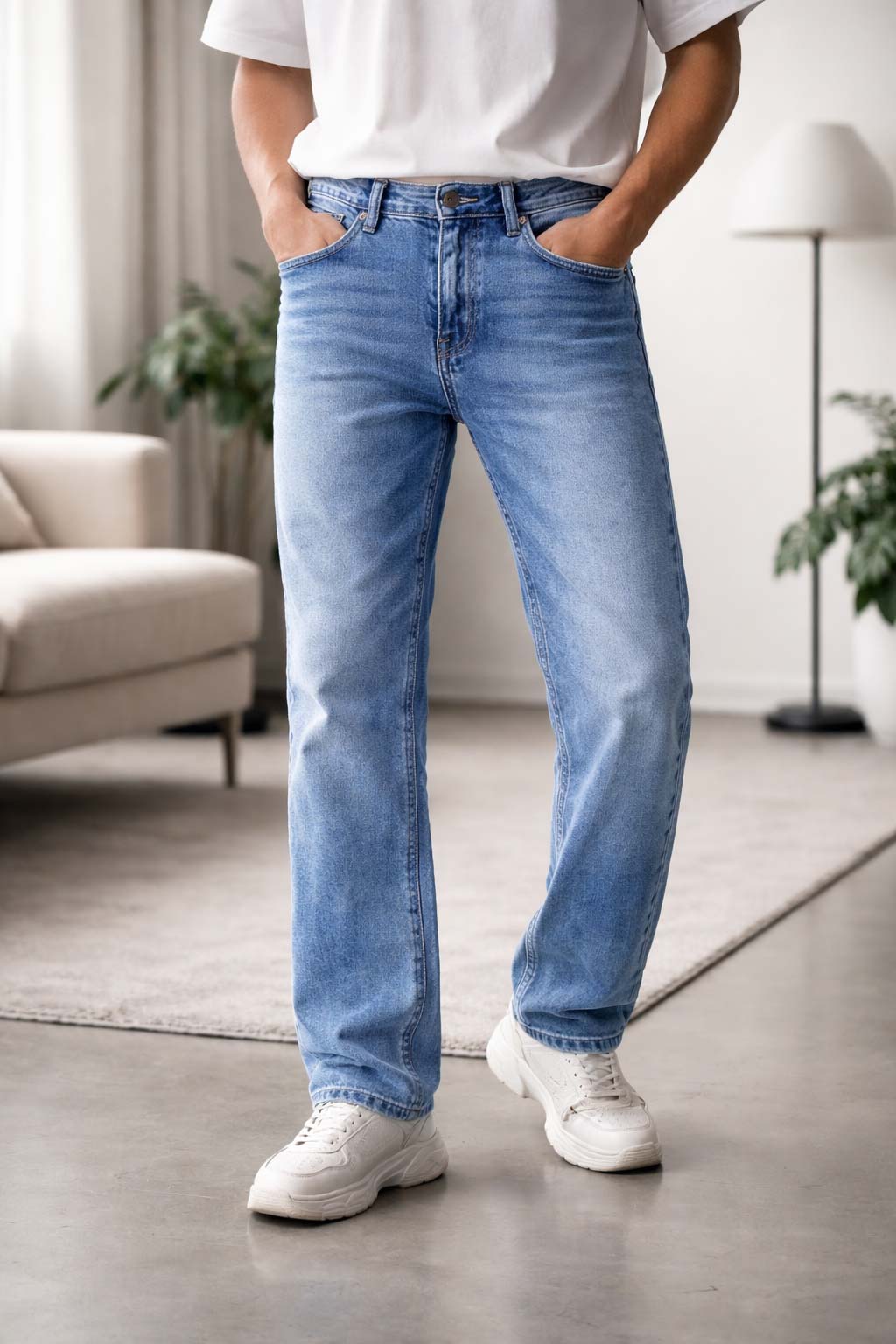 Men’s Light Blue Straight Fit Jeans – Washed Classic Denim Everyday Wear