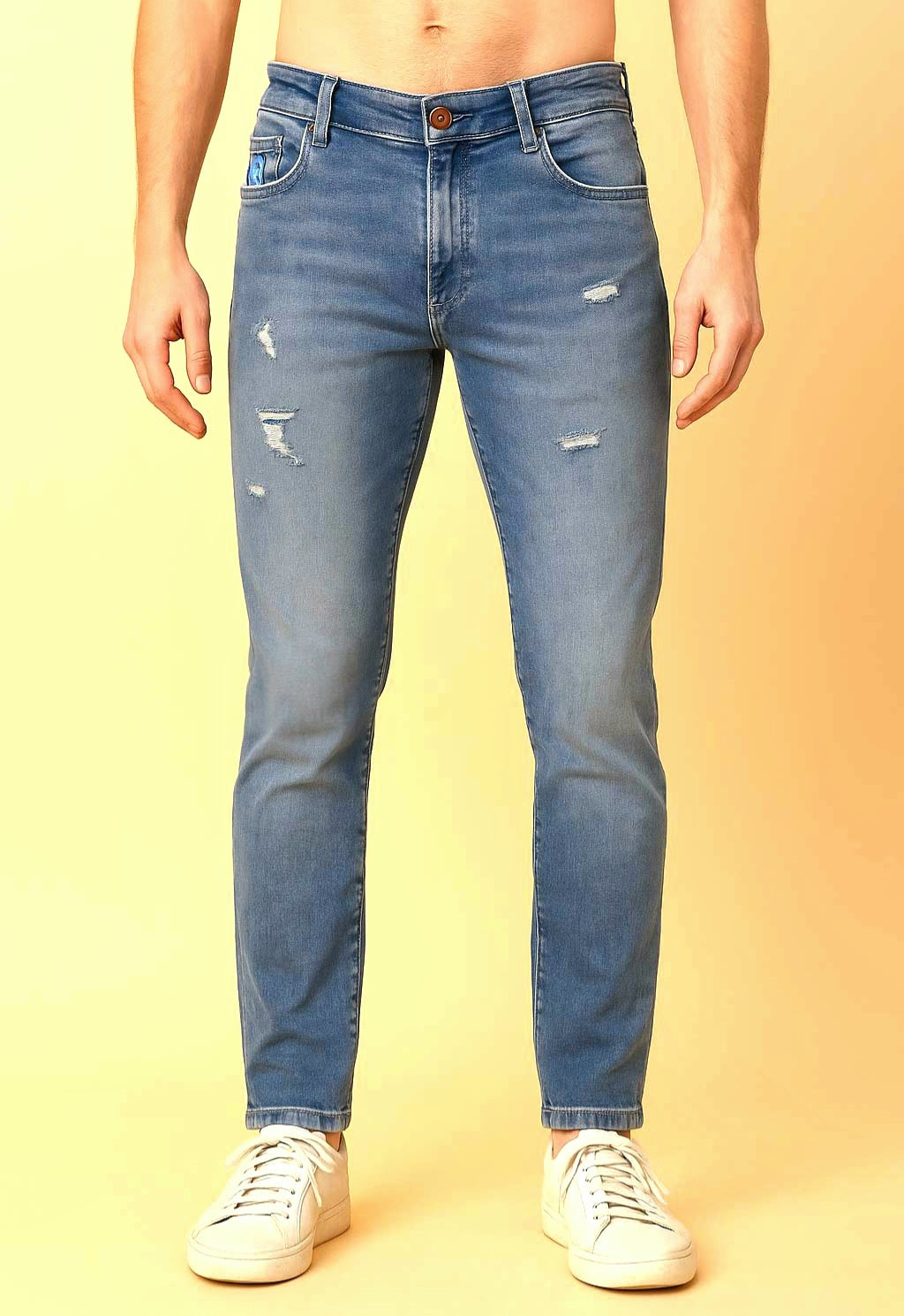 Men's Light Blue Scratch & Distressed Narrow-Fit Cotton Jeans