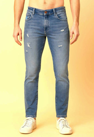 Men's Light Blue Scratch & Distressed Narrow-Fit Cotton Jeans