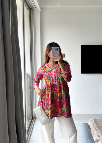 Floral Hand-Block Printed Short Kurti – Pink Bloom Edition