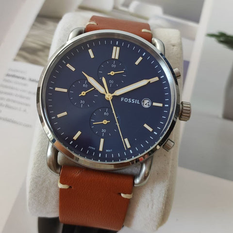 Fossil Commuter Men’s Chronograph Watch – Blue Dial, Brown Leather Strap