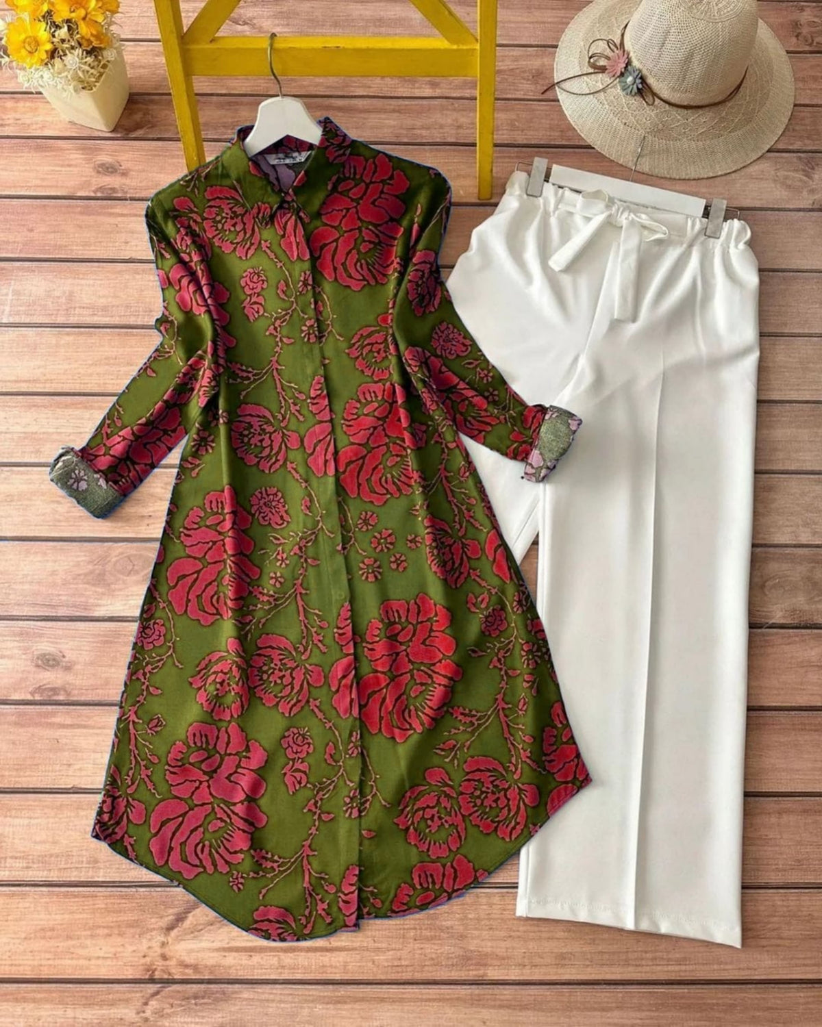 Olive Bloom Kurti with Elegant White Plazzo