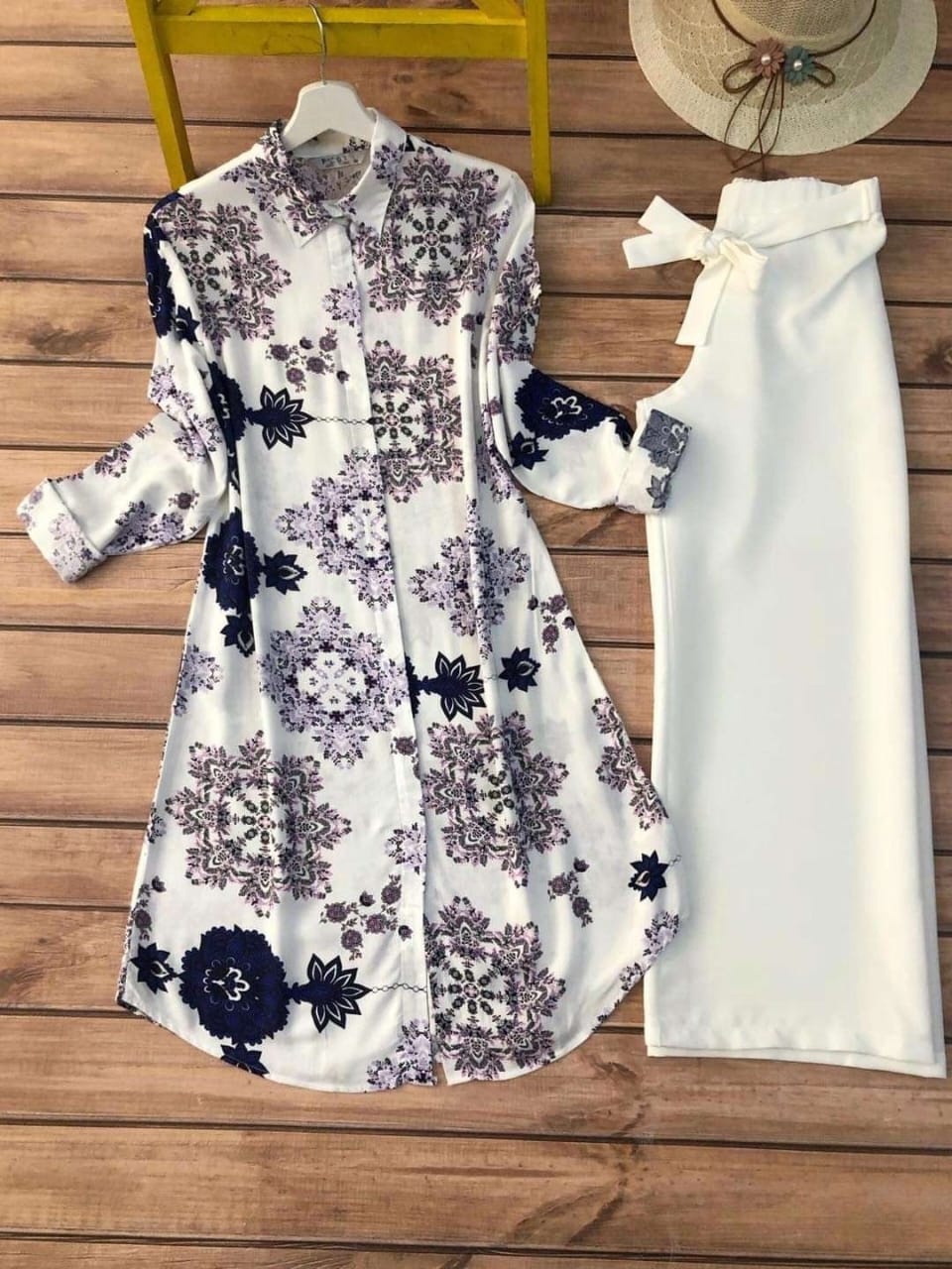 Elegant White & Purple Digital Print Kurti with White Plazzo Set for Women's