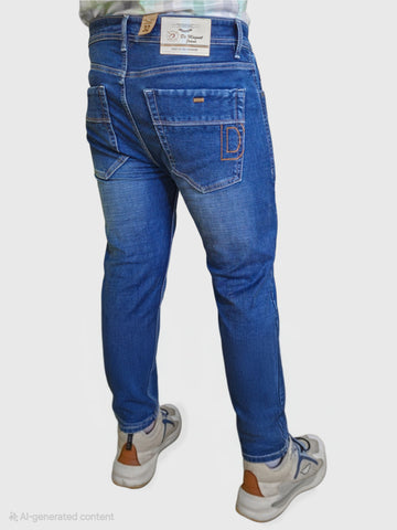 Blue Cotton Stretch Super Slim Fit Tapered Length Mid Rise Jeans For Men’s