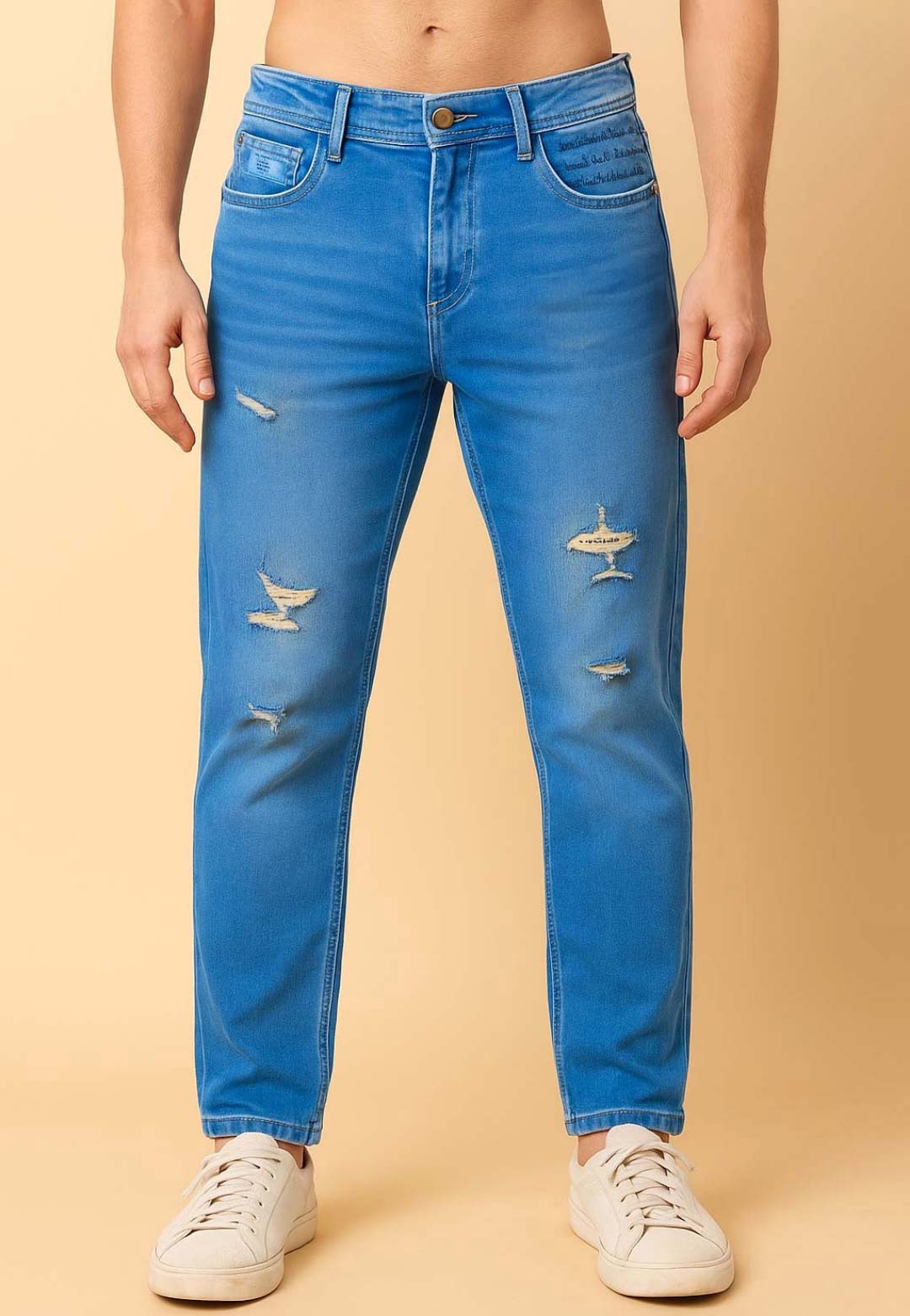 Men's Distressed Blue Denim Jeans – Stylish Slim Fit Ripped Design