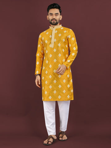 Vardhman Premium Yellow Sequin Embroidered Mono Silk Kurta Pyjama Set for Men's