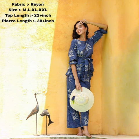 Elegant Blue Printed Co-ord Set for Women – Peplum Top & Plazzo