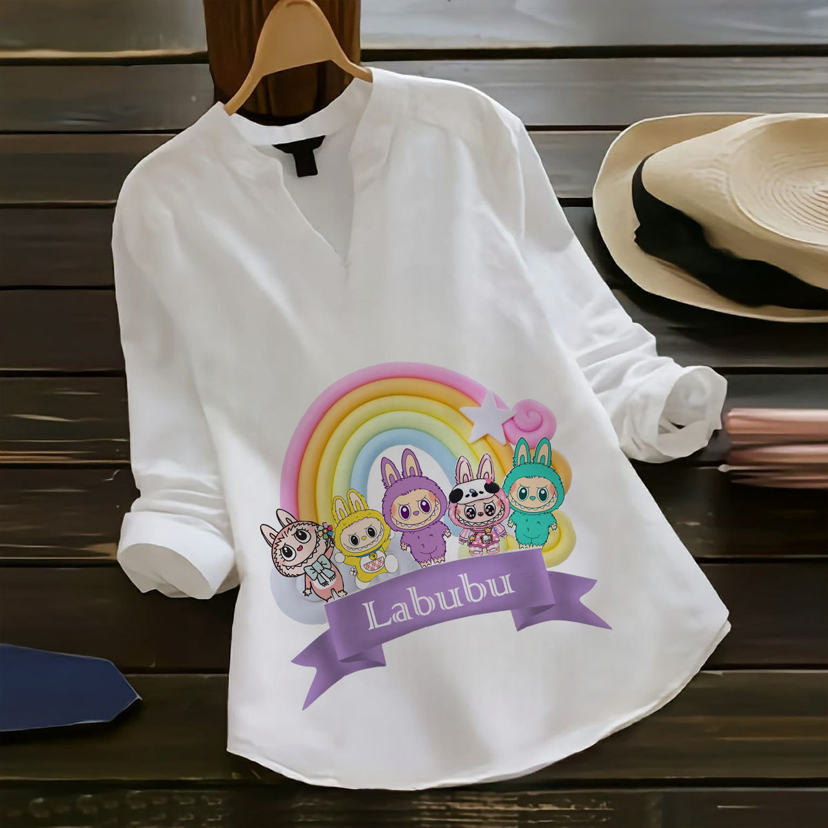 Whimsical & Fun – Rainbow Labubu Rayon Top for Women
