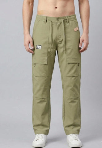 Men’s baggy fit olive cargo jogger pants front view