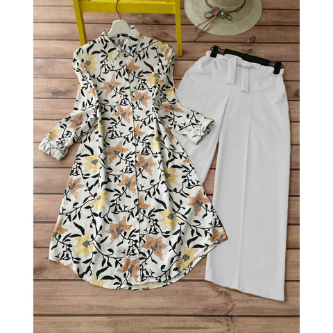Floral Print Rayon Kurti with White Lycra Palazzo Set