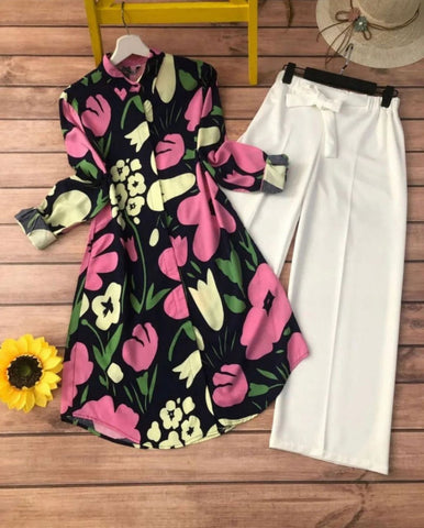 Black Floral Digital Print Kurti with White Lycra Plazzo – Classy & Trendy Outfit