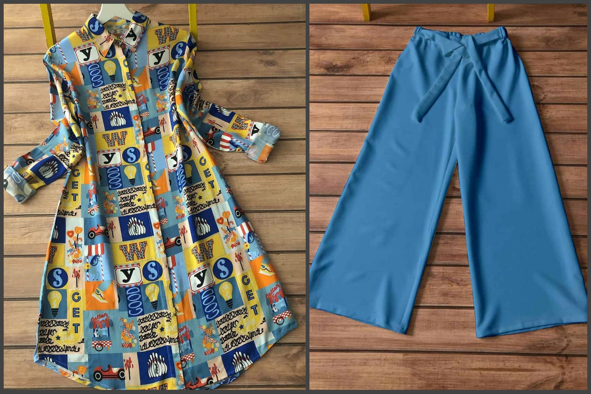 Bold Multicolor Graphic Kurti with Solid Blue Plazzo Set