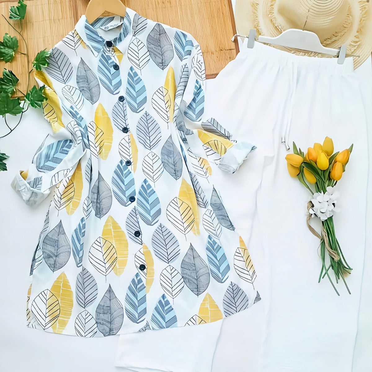 Summer Breeze Leaf Print Kurti with White Plazzo Set