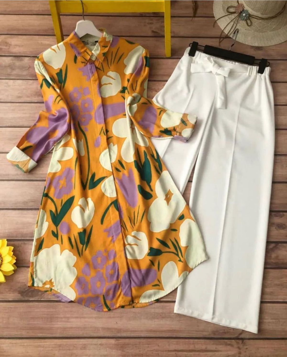 Mustard Yellow Floral Digital Print Kurti with White Bow Plazzo – Stylish & Comfy Set