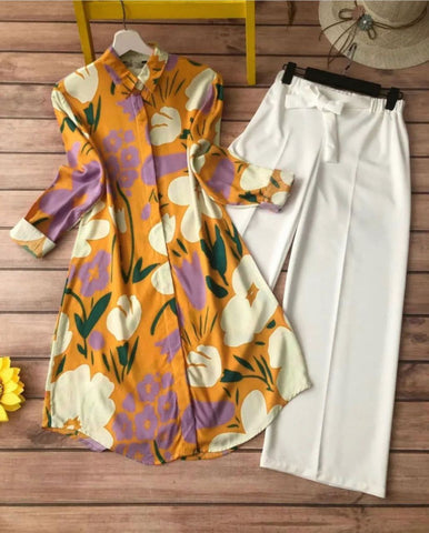Mustard Yellow Floral Digital Print Kurti with White Bow Plazzo – Stylish & Comfy Set
