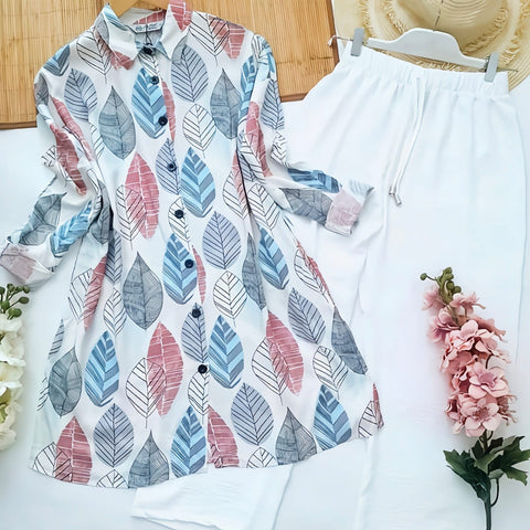 Pastel Leaf Print Kurti with White Plazzo – Graceful & Light Look