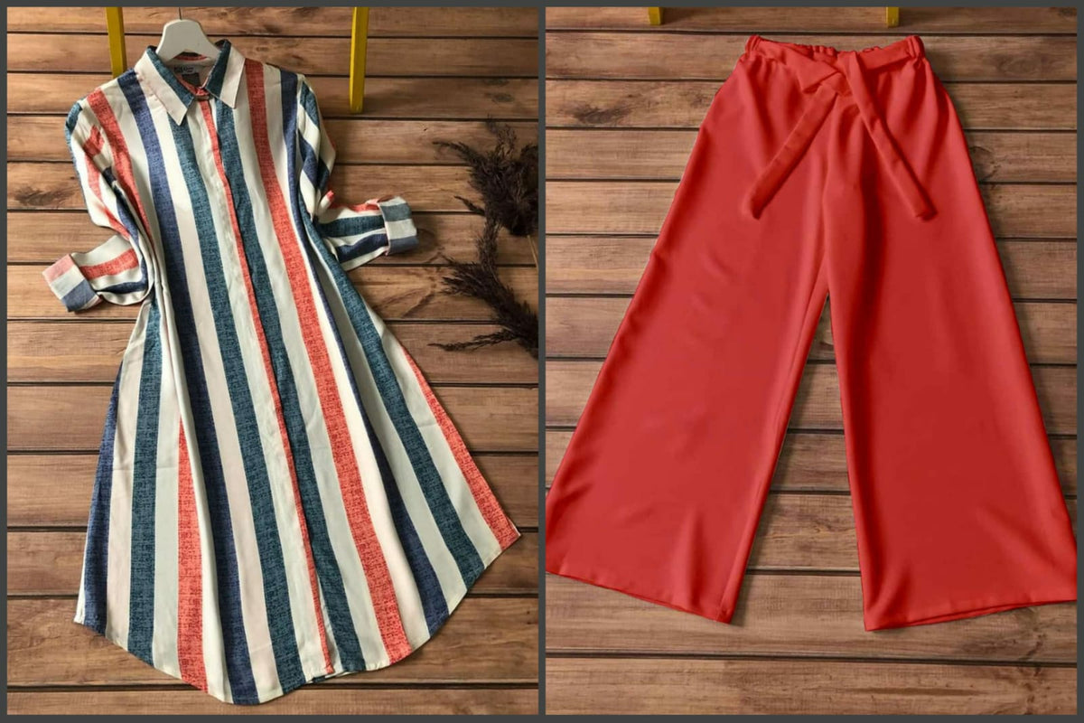 Chic Multicolor Striped Kurti with Red Palazzo Set