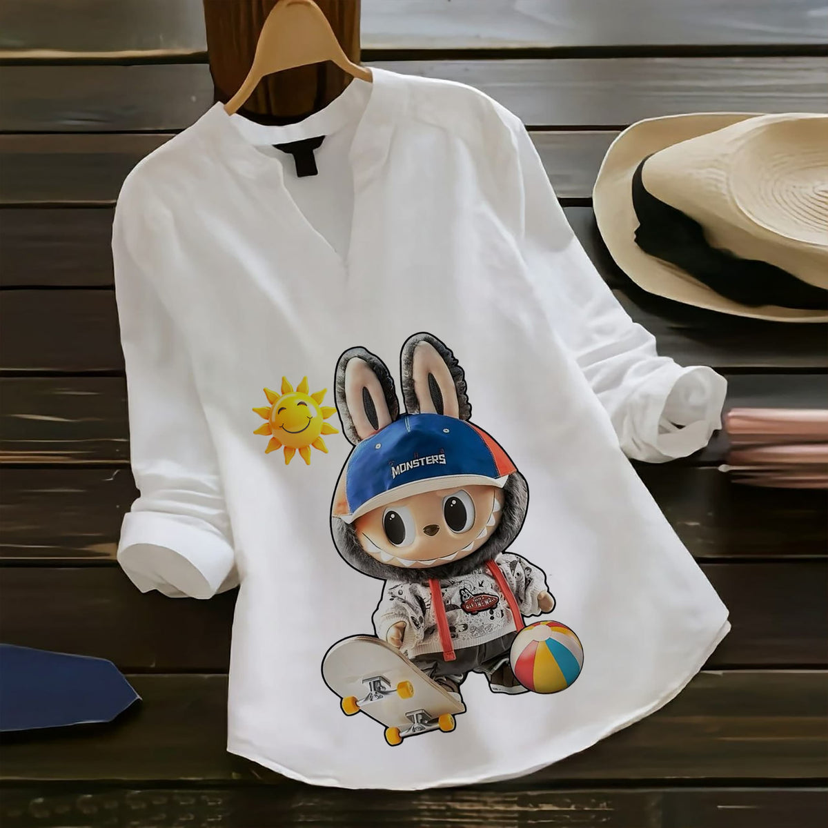 Cool & Playful – Skater Labubu Rayon Top for Women's