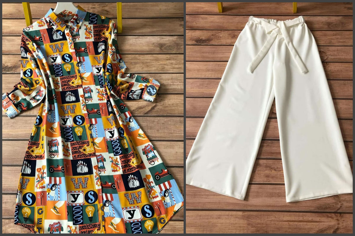 Trendy Printed Shirt-Style Kurti with Cream Palazzo Set