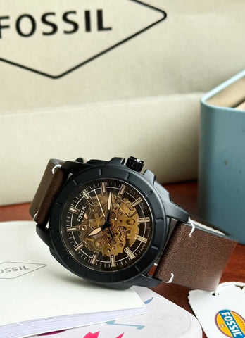 Fossil Men's  Premium Automatic Skeleton Watch – Brown Leather Strap, Black Case, 42mm
