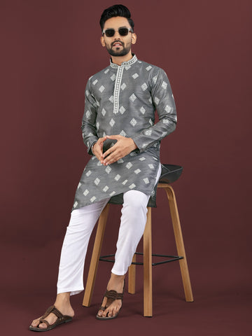 Vardhman Premium Grey Sequin Embroidered Mono Silk Kurta Pyjama Set for Men