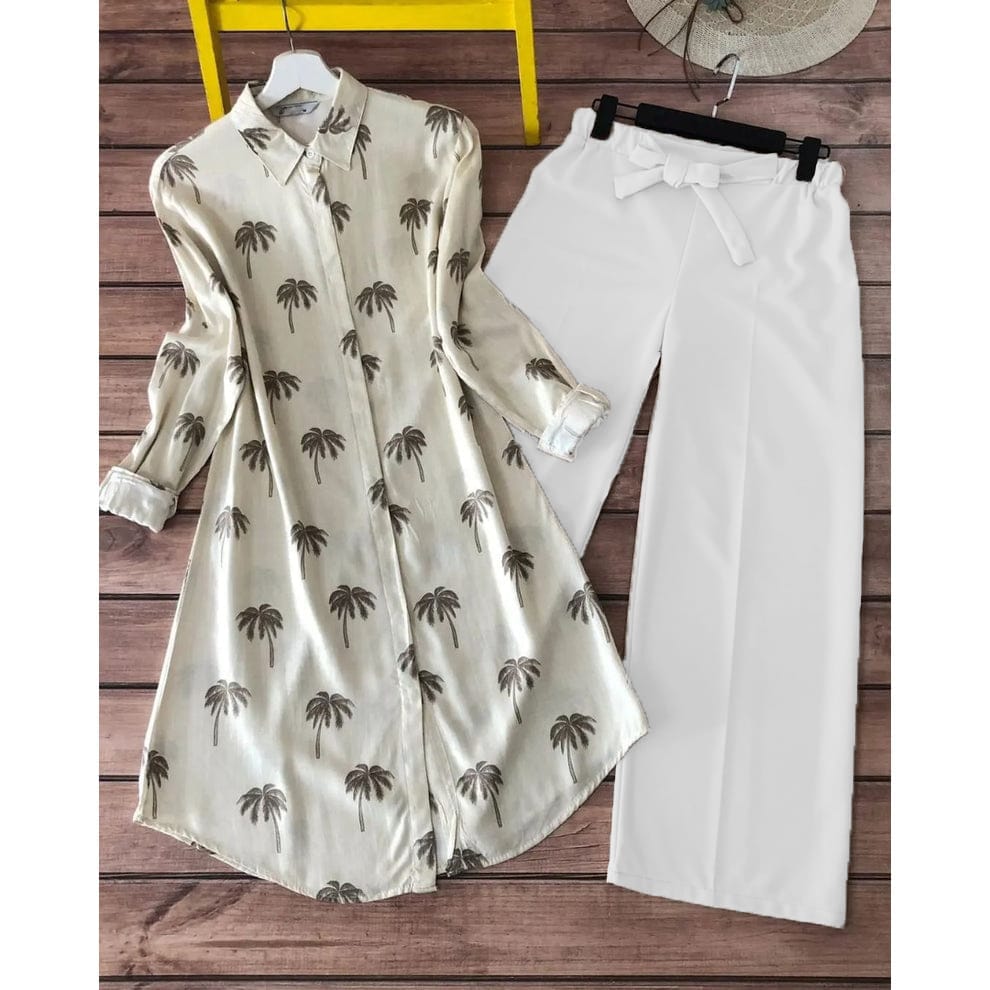 Beige Palm-Print Rayon Kurti with White Lycra Palazzo Set